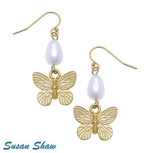 Susan Shaw GOLD BUTTERFLY + PEARL TIER EARRINGS